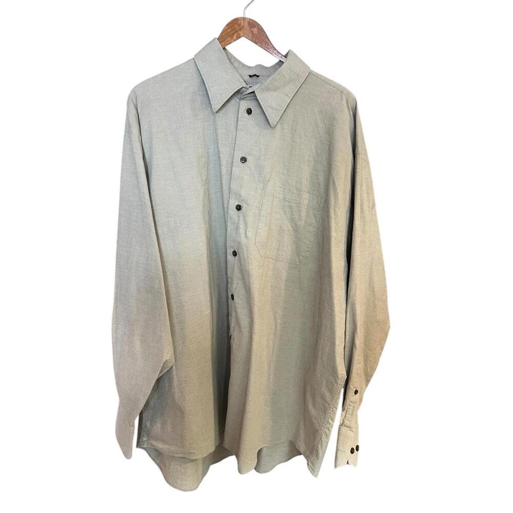 Kenneth Cole NY Subtle Check Stretch Dress Shirt Taupe Button Front Men 34/35